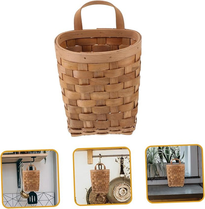 Wall Mount Organizer Woven Hanging Basket for Kitchen Storage Wood Organizer Bin for Makeup Essentials Bathroom Bedroom Closet Door Hanging Storage