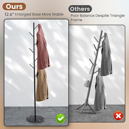 Freestanding Coat Rack with Marble Base, 4 Height Adjustable Standing Metal Coat Tree with 7 Hooks, Space-Saving Hat Clothes Coat Stand for Entryway, Bedroom, Office (Black)