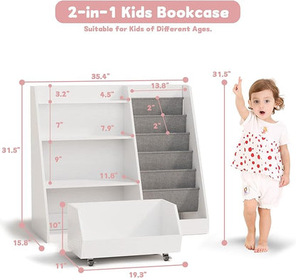 COZPAW Kids Bookshelf and Toy Storage, 4 Tier Toddler Bookshelf with Movable Drawer 5 Sling Pockets, Montessori Book Shelf for Kids Room, Playroom, Nursery (White)