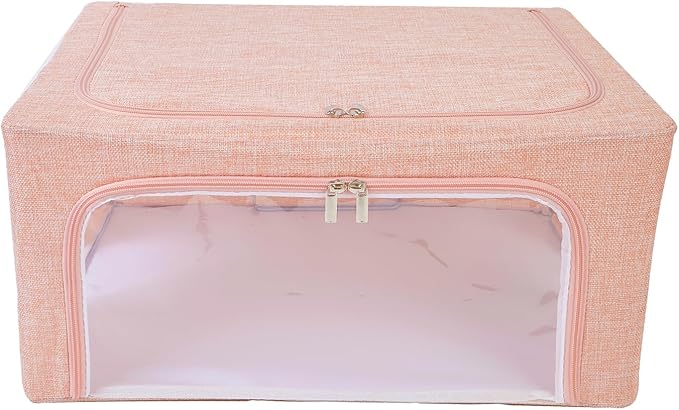 Periea Oxford Cloth Steel Frame Storage Boxes - Under-Bed or in Closet - Pack of 2 Medium Organizers (Pink Hemp)