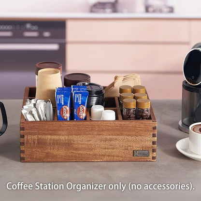 Acacia Wood Coffee Station Organizer for Countertop, Coffee Pods Holder & Condiment Storage Basket, 12-Inch Rustic Farmhouse Bar Decor for Tea Cups, Syrup, Stirrers, Accessories