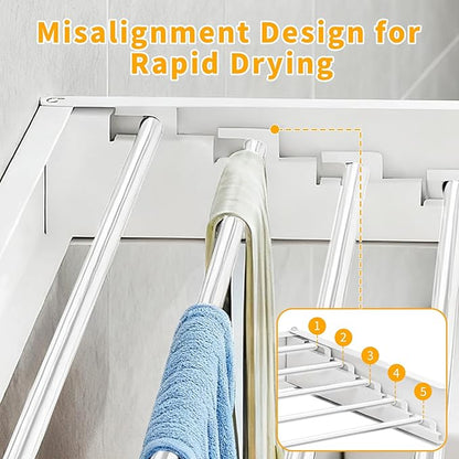 Wall Mounted Laundry Drying Rack, 31.5'' Collapsible Clothes Rack with 5 Rods, Heavy Duty Foldable Space Saving Laundry Drying Rack for Clothing & Towels