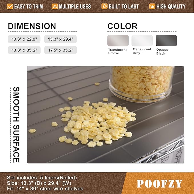Poofzy Wire Shelf Liner 14 x 30, Set of 5 Shelf Liners for Wire Shelving Plastic Non-Adhesive for Pantry, Kitchen Cabinets (Gray)