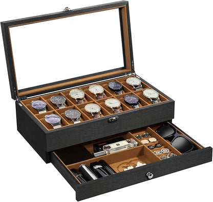 Uten 12-Slot Watch Box, 2-Layers Solid Wood Watch Display Case with Glass Lid, Watch Holder Organizer with Soft Pillow and Velvet Lining, Watch and Jewelry Storage Box