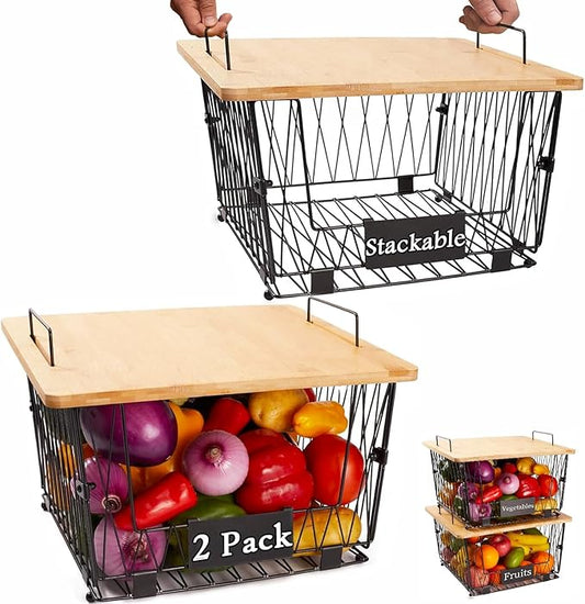 2 Pack Stackable Wire Storage Baskets with Wood Lid- Kitchen Countertop Organizer for Fruit Vegetable -Large Metal Bin for Pantry Organization and Storage, Black