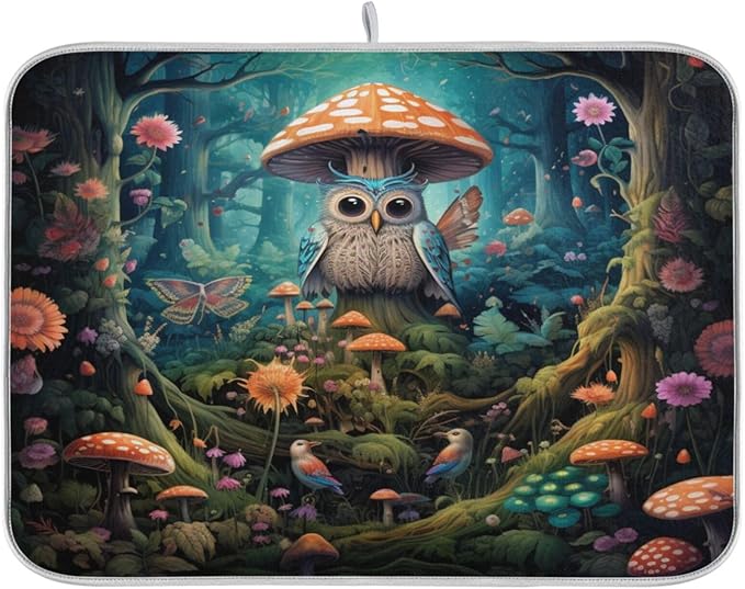 Beautiful Fairy Forest Owl Mushroom Flowers Butterfly Microfiber Dish Drying Kitchen Countertop Table Protector Multipurpose Counter Rack Sink Drainer Pad (16" x 18")