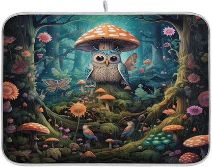 Beautiful Fairy Forest Owl Mushroom Flowers Butterfly Microfiber Dish Drying Kitchen Countertop Table Protector Multipurpose Counter Rack Sink Drainer Pad (16" x 18")
