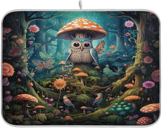 Beautiful Fairy Forest Owl Mushroom Flowers Butterfly Microfiber Dish Drying Kitchen Countertop Table Protector Multipurpose Counter Rack Sink Drainer Pad (16" x 18")