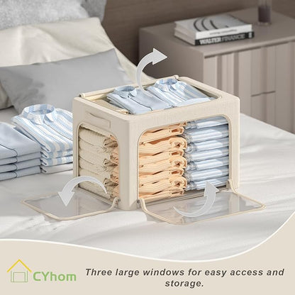 3 Openings Clothes Storage Bins Box - 3Pack Stackable Foldable Storage Bin - Metal Frame Storage Box Clothing Storage Organizer with Clear Window, Carry Handles (Beige, 100L-23.6x16.5x15.7in)