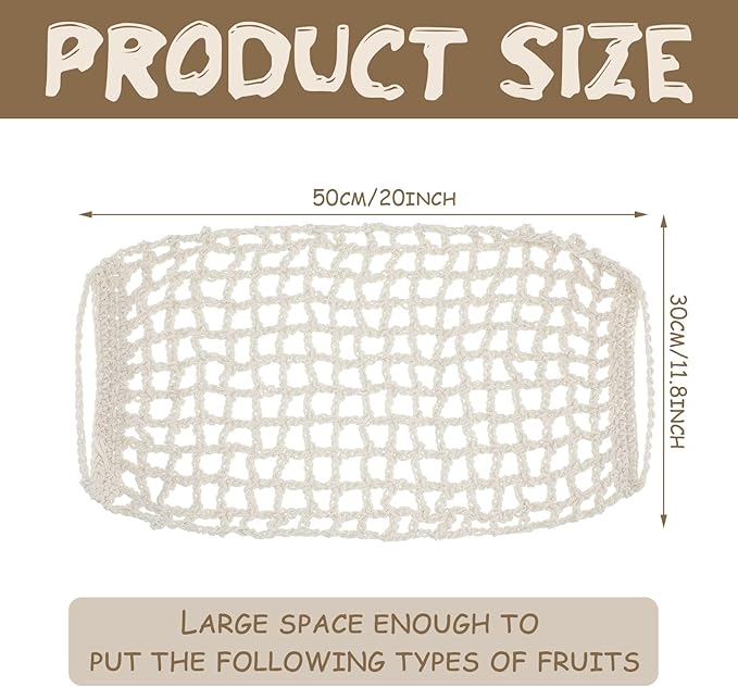 2 Pcs 11.8 x 20 Inch Large Macrame Fruit Hammock Under Cabinet Veggie Banana Hammock Hanging Fruit Basket Saves Counter Space for Kitchen Hand-woven Lace Hanging Basket for Kitchen(Rustic Style)
