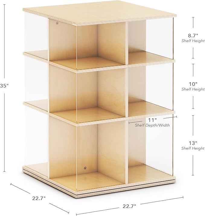 EdQ Rotating Big Book Display – Natural: 3-Tier Wooden Bookshelf for Kids' Room with Acrylic Sides | 360° Spinning Bookcase with Multi-Size Shelves for Home and Classroom Storage & Organization