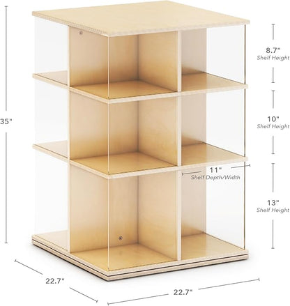 EdQ Rotating Big Book Display – Natural: 3-Tier Wooden Bookshelf for Kids' Room with Acrylic Sides | 360° Spinning Bookcase with Multi-Size Shelves for Home and Classroom Storage & Organization