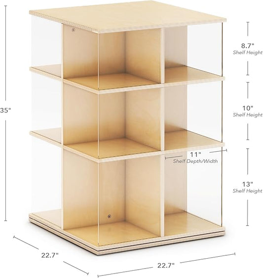 EdQ Rotating Big Book Display – Natural: 3-Tier Wooden Bookshelf for Kids' Room with Acrylic Sides | 360° Spinning Bookcase with Multi-Size Shelves for Home and Classroom Storage & Organization