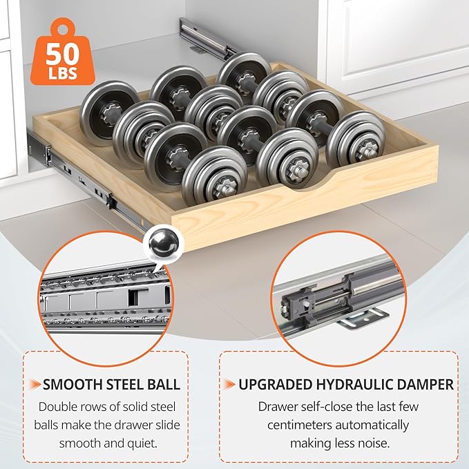 Wooden Pull Out Cabinet Organizer, Slide Out Drawer for Kitchen Organizers and Storage, Soft Close, Heavy Duty, Fully Expandable