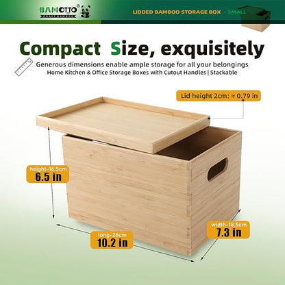 10.2”x7.3”x6.5” Lidded Storage Bins - Stackable Bamboo Box/Cube/Basket with Handles for Home Kitchen Office, Organize Tableware Clothing Toys Books