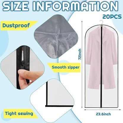 Amylove 20 Pcs 72/60/40 Inch Clear Garment Bags for Hanging Clothes, Dress, Gown, Coat & Suit Storage Bags with Zipper - Dustproof Cover for Closet Clothes Storage Travel(24 x 72 Inch)