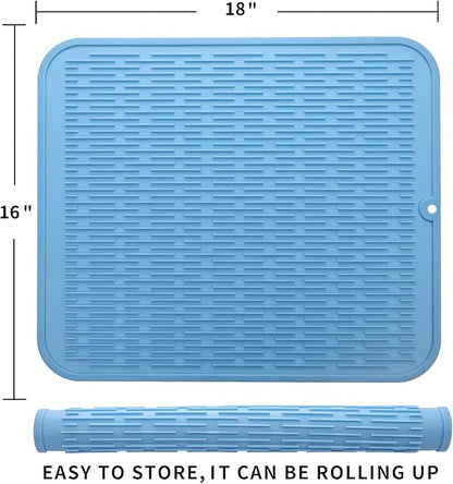 Silicone Dish Drying Mat for Multiple Usage,Easy clean,Eco-friendly,Heat-resistant Silicone Mat for Kitchen Counter or Sink,Refrigerator or Drawer Liner Light Blue XL 18 inches x 16 inches