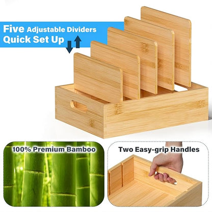 Kiasthome Bamboo Lid Organizers Inside Cabine, Kitchen Cabinet Organizer with 5 Adjustable Dividers, Food Container Plastic Holders for Drawer Pantry, Nature