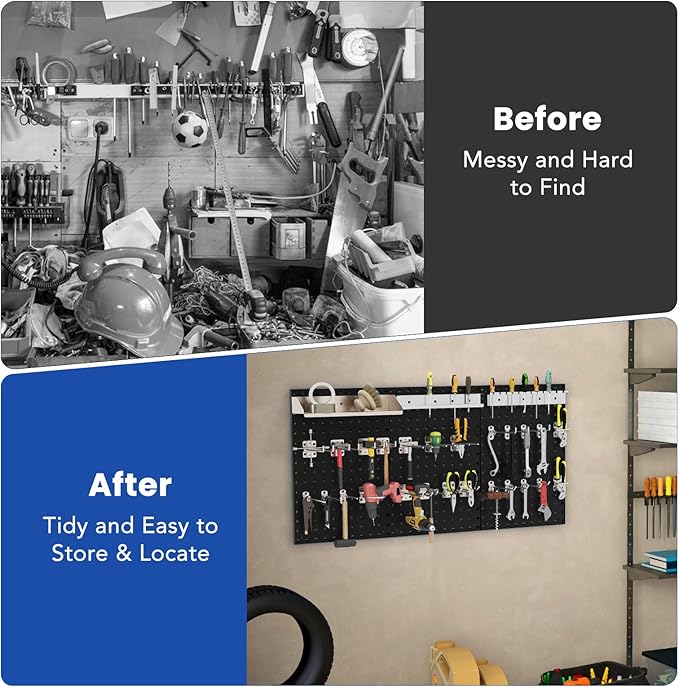 Pegboard Wall Organizer, 3 Pieces Metal Pegboard Panels with 25 Hooks, Storage Platform & Square Hole, Pegboard Kit for Utility Tools, Garage & Workshop(Black)