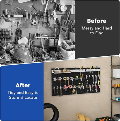 Pegboard Wall Organizer, 3 Pieces Metal Pegboard Panels with 25 Hooks, Storage Platform & Square Hole, Pegboard Kit for Utility Tools, Garage & Workshop(Black)