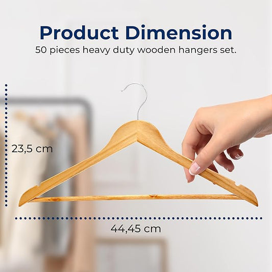 SereneLife Solid Wooden Hangers, Mega Pack, 50 Pieces Hangers for Clothes, Heavy Duty Suit Hanger Set with Chrome 360 Degree Swivel Hook, Notched Design, Natural Wood Color