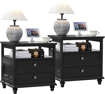 Joaxswe 24" Wide Farmhouse Night Stand Set of 2,Large End Table with 2 Drawers & Metal Handle,Black Wood Dresser for Bedroom, Bed Side Table Chest of Drawers Cabinet, Nightstand for Living Room,Closet