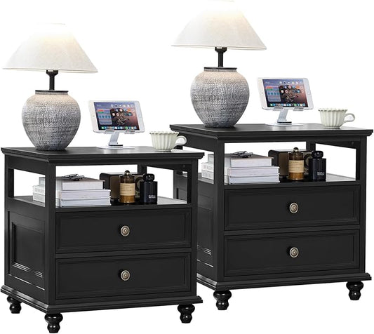 Joaxswe 24" Wide Farmhouse Night Stand Set of 2,Large End Table with 2 Drawers & Metal Handle,Black Wood Dresser for Bedroom, Bed Side Table Chest of Drawers Cabinet, Nightstand for Living Room,Closet