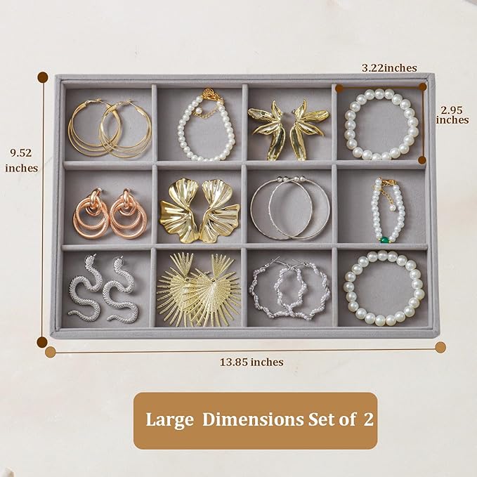 KATISYIO Large Velvet Jewelry Tray 2 Pack Stackable Jewelry Display Drawer Inserts Trays Organizer for Earring Bracelet Necklace Ring (Gray, 12 Grids)