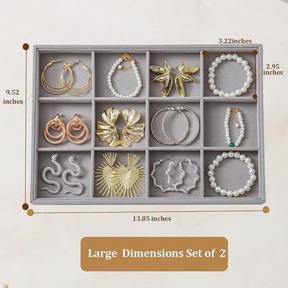 KATISYIO Large Velvet Jewelry Tray 2 Pack Stackable Jewelry Display Drawer Inserts Trays Organizer for Earring Bracelet Necklace Ring (Gray, 12 Grids)
