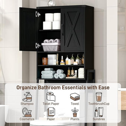 Vabches Over The Toilet Storage Cabinet, Farmhouse Over Toilet Storage Cabinet, Metal Frame with 2 Barn Doors, Home Space-Saving Toilet Rack for Bathroom, Toilet, Laundry Room,Black