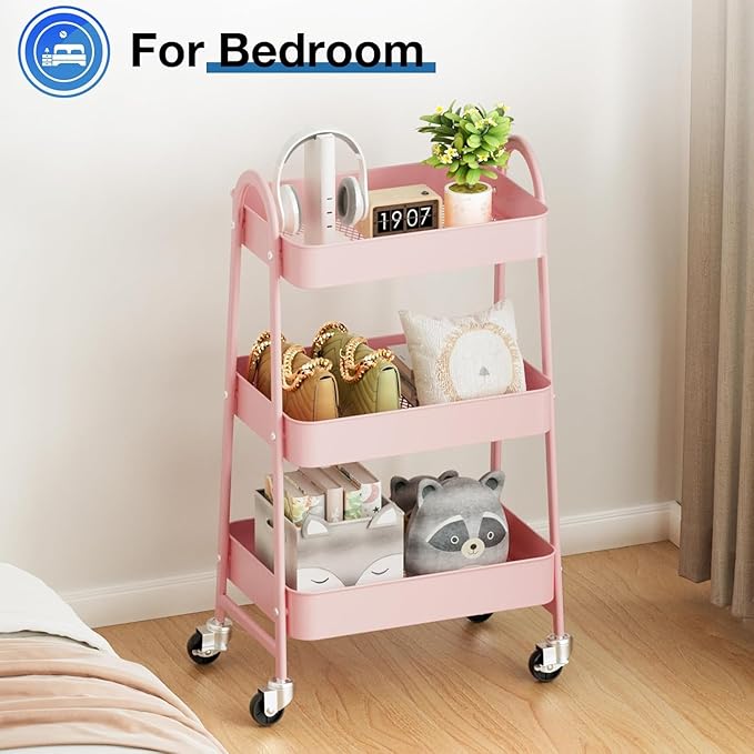 Utility Cart on Wheels, Metal Rolling Storage Cart Three Tier Small Cart with Lockable Wheels, Heavy Duty Kitchen Storage Cart with Handle, for Office, Living Room, Bathroom (Pink)