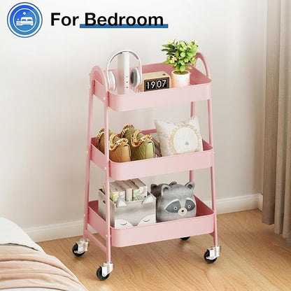 Utility Cart on Wheels, Metal Rolling Storage Cart Three Tier Small Cart with Lockable Wheels, Heavy Duty Kitchen Storage Cart with Handle, for Office, Living Room, Bathroom (Pink)