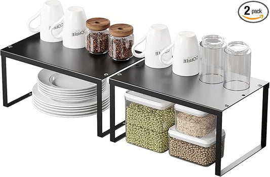 HHVACUUN Cabinet Organizer Shelf, Set of 2 Cabinet Shelves, Stackable Metal Kitchen Counter Organizer, Adjustable Countertop Cupboard Pantry Shelf Riser Storage Rack, Black