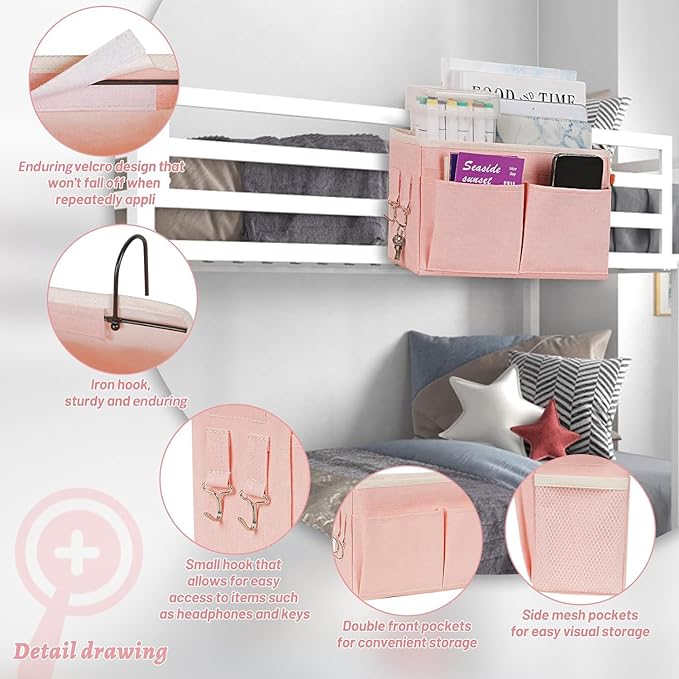 Frjjthchy Bedside Caddy Hanging Storage with Water Bottle Holder for Bunk Bed Hospital Bed Dorm Rooms (Pink)