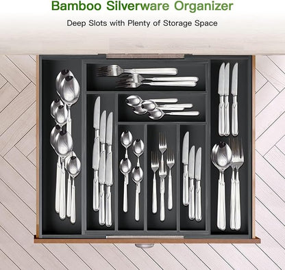Pipishell Bamboo Expandable Drawer Organizer for Utensils Holder, Adjustable Cutlery Tray, Wood Drawer Dividers Organizer for Silverware, Flatware, Knives in Kitchen, Bedroom, Living Room (Black)