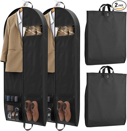 2 Pack Garment Bags for Travel Suit Bags, Dress Bags, Garment Bags for Hanging Clothes with Pockets Men's Suit Holder for Shirts, Coats, Dresses (Black, 2Pack 60")