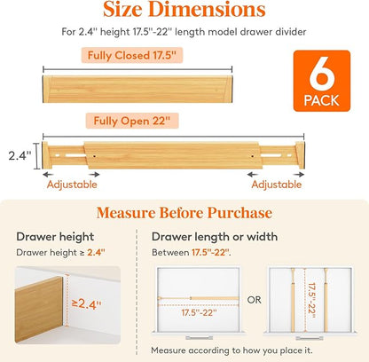 Lifewit 6 Pack Bamboo Drawer Dividers 2.4" High, 17.5-22" Kitchen Drawer Organizers, Adjustable Wooden Drawer Dividers for Clothes, Expandable Drawer Separators for Dresser, Bedroom, Bathroom, Cabinet