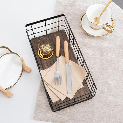ROSE BLOOM Small Metal Wire Storage Basket, Decorative Wood Base Organizer Bins for Bathroom, Kitchen, Laundry Room, Pantry, Basket for Toilet Paper, Fruits, Spices (2 Pack)