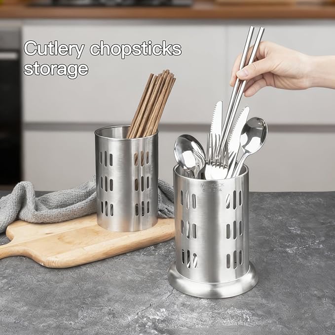 MAXCOOK Stainless Steel Chopstick Holder, 18/8 Stainless Steel Utensil Holder for Countertop, Round Drain Holes