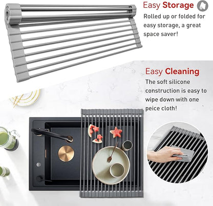 MERRYBOX Roll Up Dish Drying Rack, Over The Sink Dish Rack Foldable, Heat-Resistant, Anti-Slip Silicone Coated Dish Drainer for Kitchen Counter, Large & Multipurpose Sink Drying Rack, 20.5" x 13.1"