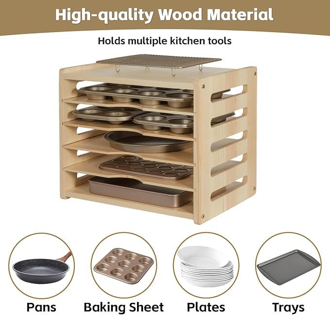 6 Tier Wooden Cabinet Tray Dividers for Baking Trays, Pans & Cutting Boards - 16.61" W x12.4 D x14.09 H Vertical Cookie Sheet Organizer, Spoon Rest, Utensil Holder, Kitchen for Pots Pans Storage
