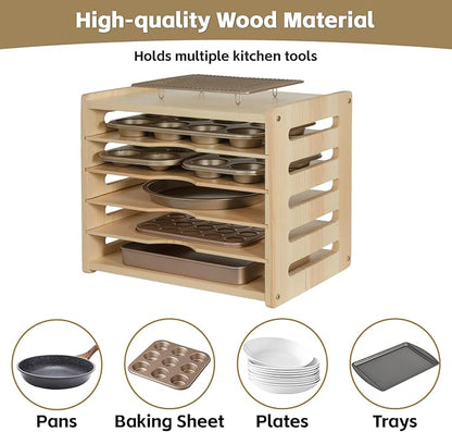 6 Tier Wooden Cabinet Tray Dividers for Baking Trays, Pans & Cutting Boards - 16.61" W x12.4 D x14.09 H Vertical Cookie Sheet Organizer, Spoon Rest, Utensil Holder, Kitchen for Pots Pans Storage