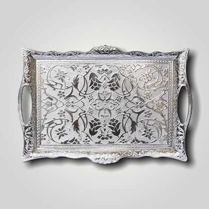 Alisveristime Ottoman Turkish Zamak Serving Tray with Traditional Motifs, Ideal for Coffee and Tea - Six Person Tray (14.5 x 9.85 in) (Silver)
