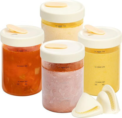 SOLIGT 4-Pack Soup Freezer Containers with Vented Lids, 24oz Glass Food Storage Jars, Microwave-Safe, Leakproof Meal Prep Jars for Soup, Stew, Sauce, Dishwasher Safe