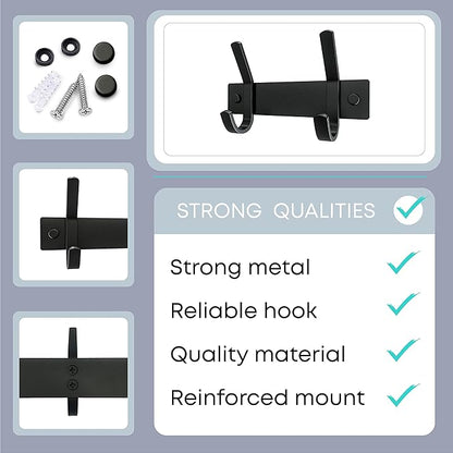 Matte Black Small Coat Rack Wall Mount – 6 Inch Stainless Steel Hook Rail with 2 Double Coat Hooks – Wall Mounted Entryway Organizer for Coats, Hats, Bags, Towels, Robes, Closet or Bathroom - 2 Pack