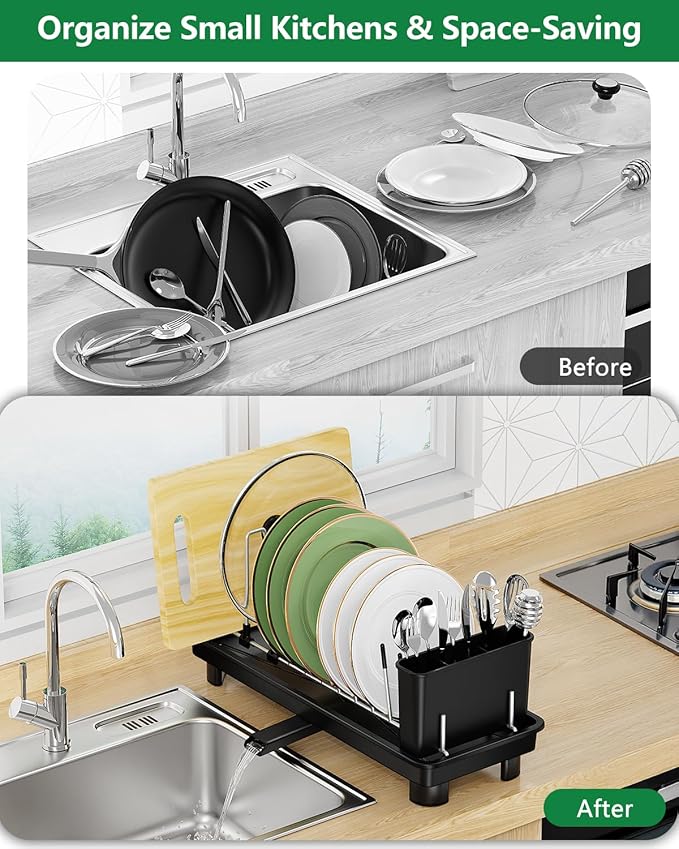 CosyPic Small Dish Drying Rack, Compact Dish Rack for Kitchen Counter, Space Saving Plate Rack, Dish Strainer with Cutlery Holder, Black