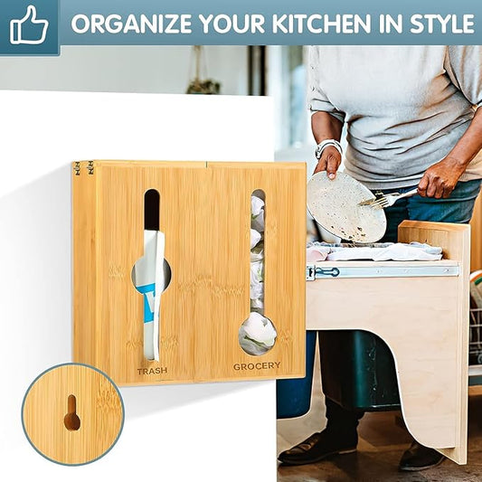 Bamboo Trash bag dispenser , Grocery Bags organizer, Grocery plastic bag Holder , 2 in 1 Bamboo dispenser storage wit Large capacity , Dispenser for garbage and groceries bags