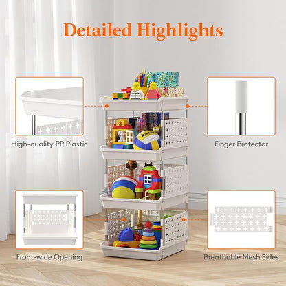 Lifewit Plastic Stackable Storage Baskets, 4 Tier Stacking Bins for Food and Clothes, Multifunctional Organizer for RV, Kitchen, Playroom, Pantry and Bathroom, 13.8"D x 11.8"W x 28.3"H, 1 Pack, White