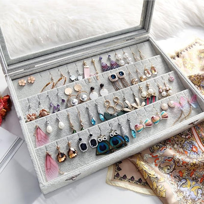 Wudygirl Velvet Jewelry Organizer Clear Lid Earring Holder Organizer 32 Pairs Earrings Storage Stud Tray Showcase Display Case（Earring Storage）