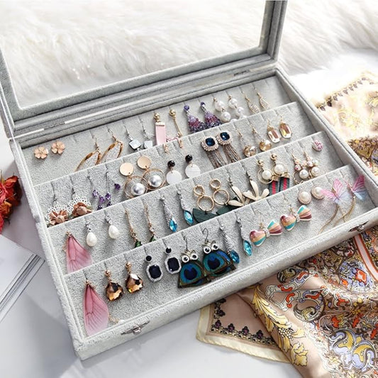Wudygirl Velvet Jewelry Organizer Clear Lid Earring Holder Organizer 32 Pairs Earrings Storage Stud Tray Showcase Display Case（Earring Storage）